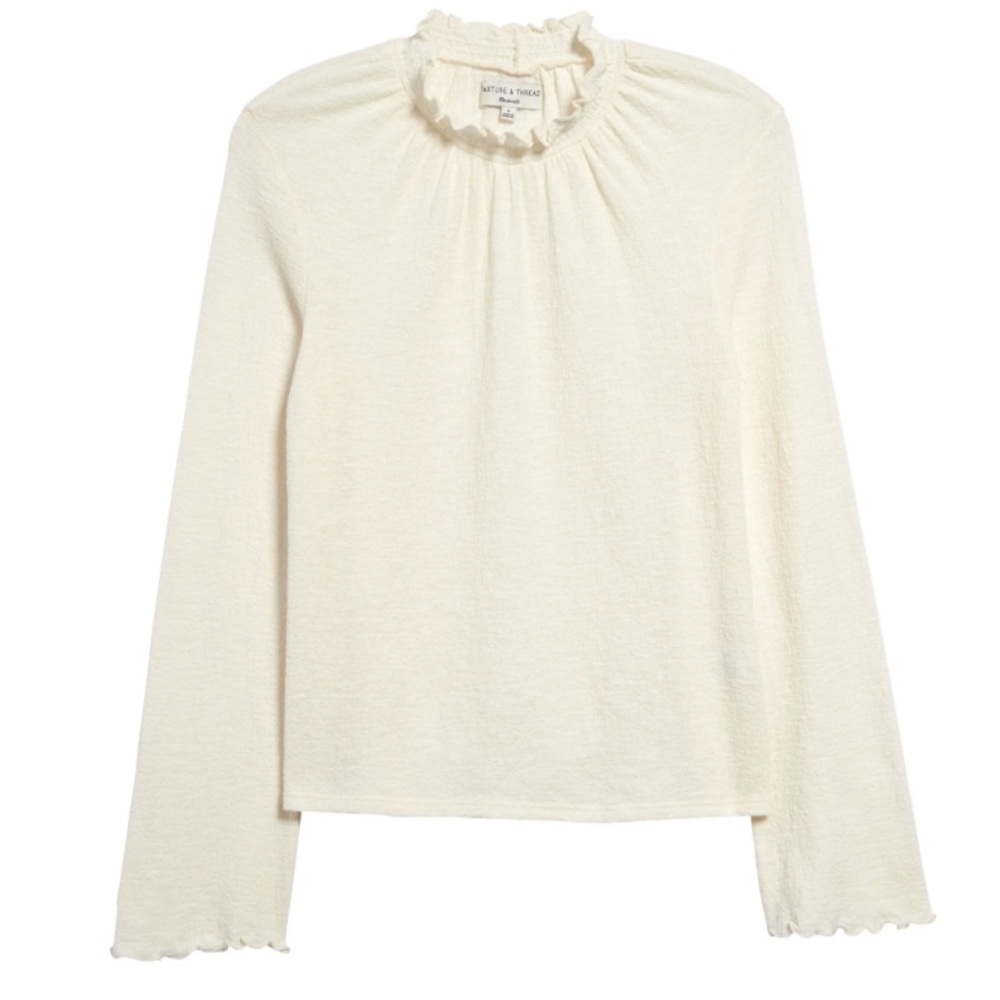 Madewell Cream textured ruffle neck long sleeve top